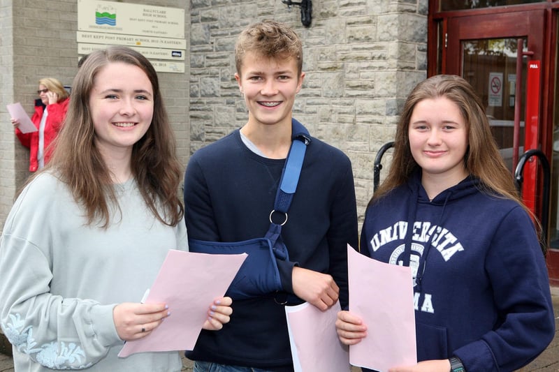 Ellen Farquhar (7A* 4A), Ross Blackbourne (8A* 2A), and Emily Skillen (8A* 3A) on GCSE results day 2018 at Ballyclare High School.