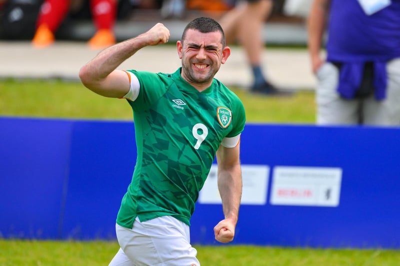 Team Ireland's James Meenan, a member of Newry City Special Olympics Club, from Dundalk, Louth, celebrates scoring the first goal for Ireland during the qualifier match between Ireland and Uganda on day three of the World Special Olympic Games 2023 at The Mayfield in the Olympiapark in Berlin, Germany. Photo by Ray McManus/Sportsfile