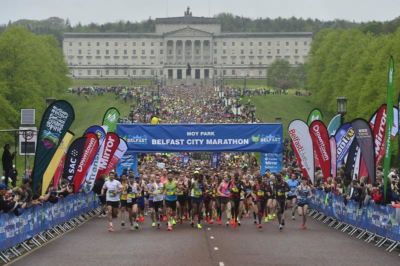 The Belfast City Marathon gets underway with a record number of entrants aiming to complete the 26.2-mile course..