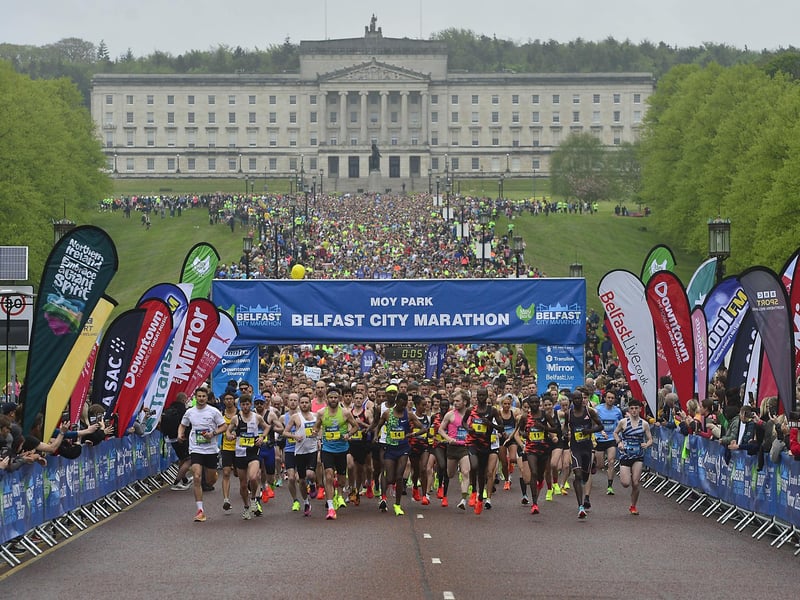 The Belfast City Marathon gets underway with a record number of entrants aiming to complete the 26.2-mile course..
