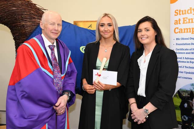 Tai Wilton (Coleraine) was presented with the Department of Agriculture, Environment and Rural Affairs Prize awarded to the top City and Guilds Level 2 Technical Certificate in Equine Care student. Tai was congratulated by Dr Eric Long, head of education at CAFRE and Danielle McKeever, Coolmore Stud.