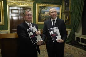 The then DUP leader Sir Jeffrey Donaldson and NI Secretary Chris Heaton-Harris with copies of the ‘Safeguarding the Union’ document in early 2024.