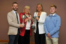Lord Mayor of Armagh City, Banbridge and Craigavon, Councillor Mary O'Dowd with the Lurgan College staff whose teams won the MUSFA Under 16 Girls Cup and U16 Boys League. They are, Mr Neal Ross, vice principal and coach, Miss Sophie Gordan, coach and Mr Kyle McGuigan, coach.
