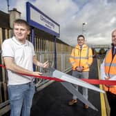 Cutting the ribbon at University Platform with Philip Maguire, University Vice President, Coleraine Campus and Translink’s Senior Programme Manager Mark Gormley and Assistant Route Manager Clive Watson. Credit McAuley Multimedia