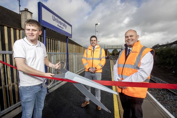 Cutting the ribbon at University Platform with Philip Maguire, University Vice President, Coleraine Campus and Translink’s Senior Programme Manager Mark Gormley and Assistant Route Manager Clive Watson. Credit McAuley Multimedia