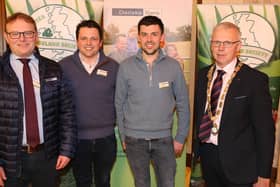 Ross & Samuel Beattie from Dunloy took one of the Runner Up awards in the Grassland Farmer of the Year (Young Farmers section) and are pictured with UGS President John Egerton and Mark Forsythe, Danske Bank.