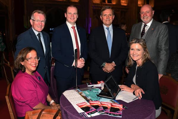 (Seated) Nella De Luca-Bertram, NDLB Europe Travel and Consultancy; and Liz Steele, Visit Causeway Coast and Glens; with (standing) Niall Gibbons, Chief Executive of Tourism Ireland; Tourism Minister Gordon Lyons; Christopher Brooke, Chairman of Tourism Ireland; and David Boyce, Tourism Ireland, at Flavours of Ireland 2022