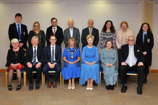 Lord Mayor of Armagh City, Banbridge and Craigavon, Alderman Margaret Tinsley, with the principal, vice principals and members of the Portadown College Board of Governors.