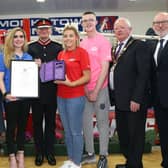 Delegates at the presentation of the then Queen's Award for Voluntary Service to Monkstown Boxing Club. (Pic: Pacemaker).