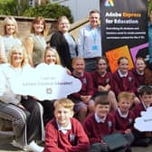 A team from Adobe Express and the Education Authority with staff and pupils at St Anthony's Primary School, Larne.