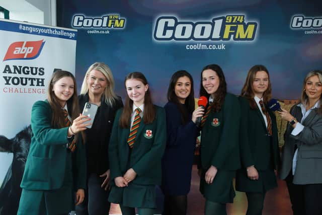 From left Beth Reynolds, Alexandra Neill, Katie Mulholland and Naomi Patterson who are representing Friend’s School Lisburn in this year’s final stage of the ABP Angus Youth Challenge with Caroline Fleck, Presenter Downtown Radio; Victoria Quinn, Downtown Country Breakfast Show and the Cool FM presenter and social media influencer Melissa Riddell.