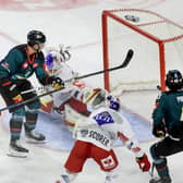 Belfast Giants’ Daniel Tedesco scoring the winning overtime goal against Red Bull Salzburg during Tuesday’s CHL game at The SSE Arena, Belfast.   Photo by William Cherry/Presseye