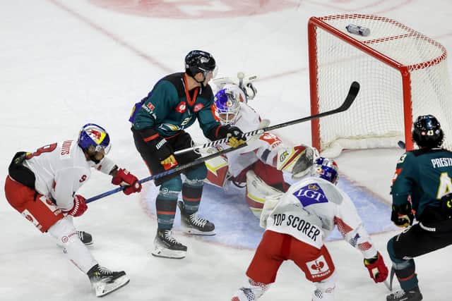 Belfast Giants’ Daniel Tedesco scoring the winning overtime goal against Red Bull Salzburg during Tuesday’s CHL game at The SSE Arena, Belfast. Photo by William Cherry/Presseye
