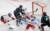 Belfast Giants’ Daniel Tedesco scoring the winning overtime goal against Red Bull Salzburg during Tuesday’s CHL game at The SSE Arena, Belfast.   Photo by William Cherry/Presseye