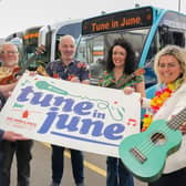 Uke players (pictured centre), Sean Hugh, Graham Elliot and Jenny Bond tune up for a musical month of fundraising for Air Ambulance with the support of Translink Group CEO, Chris Conway and Colleen Milligan from Air Ambulance NI.