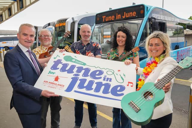 Uke players (pictured centre), Sean Hugh, Graham Elliot and Jenny Bond tune up for a musical month of fundraising for Air Ambulance with the support of Translink Group CEO, Chris Conway and Colleen Milligan from Air Ambulance NI.
