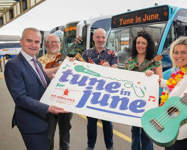 Uke players (pictured centre), Sean Hugh, Graham Elliot and Jenny Bond tune up for a musical month of fundraising for Air Ambulance with the support of Translink Group CEO, Chris Conway and Colleen Milligan from Air Ambulance NI.