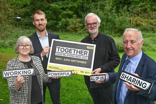 Celebrating Good Relations Week 2023 (from L to R) are Dr Jacqueline Irwin, CEO, Community Relations Council; Chris Gardner, Director of Good Relations and T:BUC Division TEO; Tim McGarry, comedian, broadcaster and Good Relations Week Ambassador 2023, and Martin McDonald MBE, Chair of the Community Relations Council.  Photo: Simon Graham