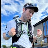 Thomas crosses the finish line during the Race Across Scotland ultra-marathon.  The Magheramorne man was competing in the event to raise funds for The Big C Foundation.  Photo: Race Across Scotland - GB Ultra team