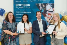 Ellise Mitchell and Chelsea McAleese who received highly commended in the Community Ambassador Award, pictured with Mel Higgins, Principal & Chief Executive of the College and lecturer Tanya Blair.