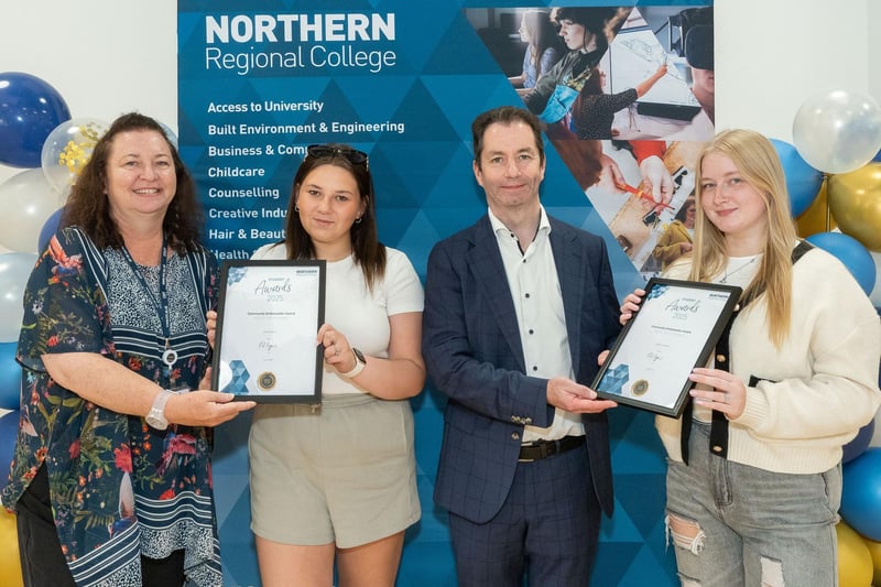 Ellise Mitchell and Chelsea McAleese who received highly commended in the Community Ambassador Award, pictured with Mel Higgins, Principal & Chief Executive of the College and lecturer Tanya Blair.