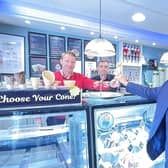 Minister Poots is pictured with (left to right) Karl and Ryan Wilson at True Gelato in Ballyclare.