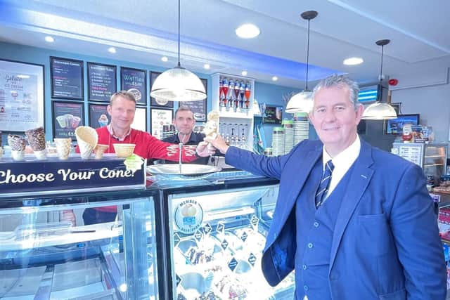 Minister Poots is pictured with (left to right) Karl and Ryan Wilson at True Gelato in Ballyclare.