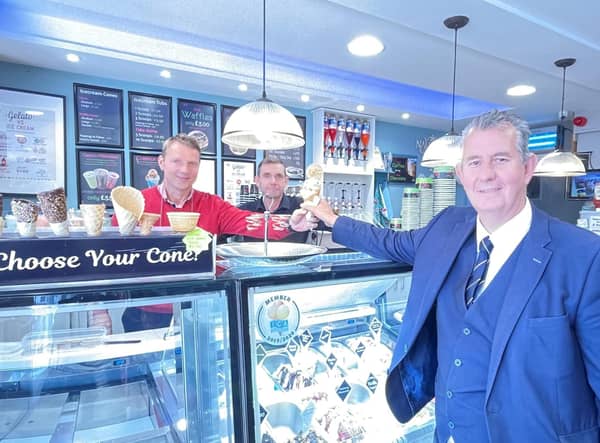 Minister Poots is pictured with (left to right) Karl and Ryan Wilson at True Gelato in Ballyclare.
