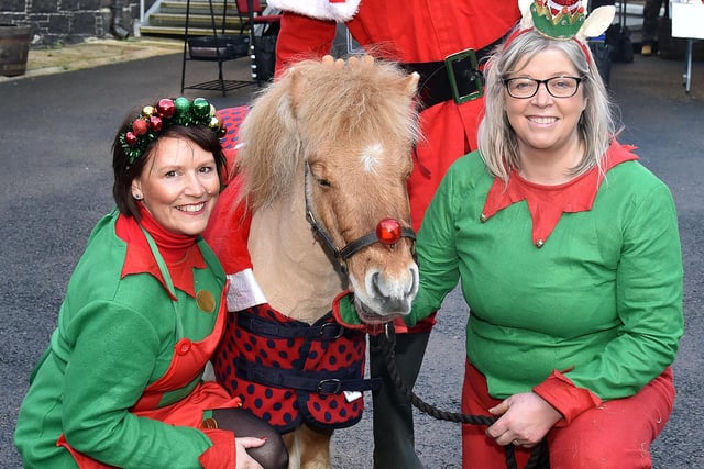 Tracey Agg, left, from Knitted Knockers of Northern Ireland and Kate Russell from Tobi and Peanut Therapy Ponies pictured with Peanut at the Christmas market at Brownlow House. PT51-207.