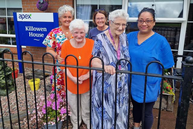 Pictured at the Killowen House open day are L-R: Brenda Cunningham, Manager of Killowen House; Josephine Fulton; Mary Hogg; Betty Linton; and Beverly Villanueva, Support Worker. Credit Apex Housing Association