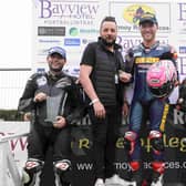 Davey Todd wins Hilton Car Sales Supersport race in 2022 with Adam McClean and Darryl Tweed alongside sponsor Andy Hilton. Credit Stephen Davison, Pacemaker