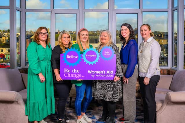 At the launch of the Women's Aid Armagh Down 40th anniversary conference are: Gemma Gamble, Catherine Gallagher, Laura Gorman, Terex Corporation with Niamh O’Maolain, Chair, and Eileen Murphy, CEO WAAD, along with Hazel Robinson, Murdock Builders Merchants.