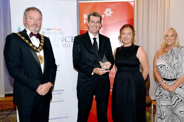 The Excellence in Innovation Award at the 2021 Larne Business Excellence Awards was won by Raptor Photonics with the prize being accepted by, Mark Donaghy, second from left, Also included are from left, Mayor of Mid and East Antrim Council, Councillor William McCaughey, Emma McAnespie, HR Consultant from Category Sponsor, Caterpillar (NI) Limited, and Lisa Irvine, Account Manager, Larne Times. INLT37-231.
