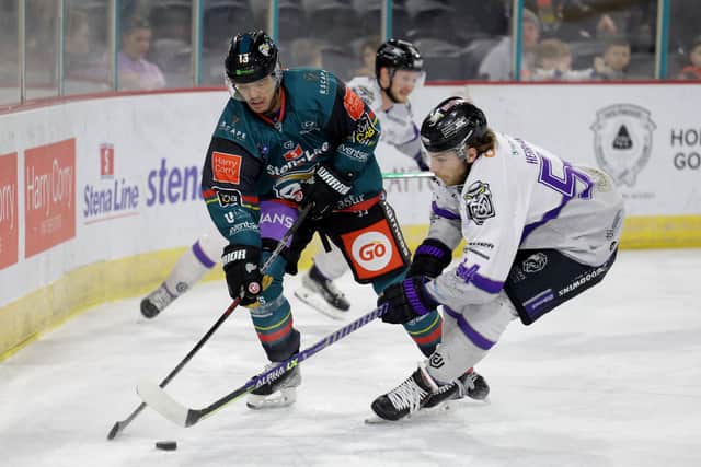 Belfast Giants’ Steven Owre with Manchester Storm’s Zac Herrmann during Sunday’s Elite Ice Hockey League game at the SSE Arena, Belfast Photo by William Cherry/Presseye