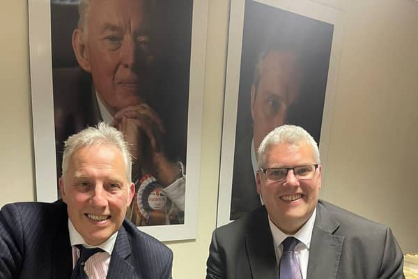 DUP MP Ian Paisley with his party leader Gavin Robinson at a North Antrim constituency meeting on Tuesday night. Mr Paisley says the new leader "has created significant space for the party to tell the story properly, and allow for those of us who probably felt that there was a degree of spin in all of this. We’re back to a solid basis of truth".