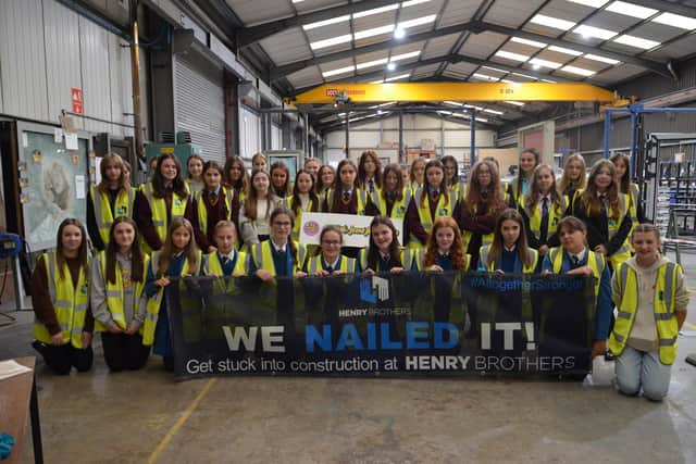 Year 10 and Year 13 students from Rainey Endowed School, Sperrin Integrated College, St Pius X College, and St Mary’s Grammar School pictured at Henry Brothers Magherafelt headquarters. Credit: Submitted