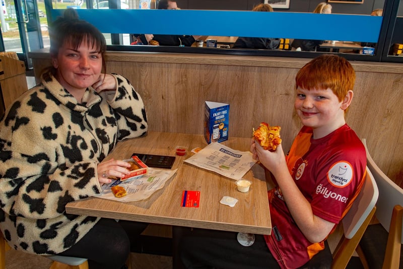 Catriona Cardwell and son, Jacob pictured at the newly opened Greggs restaurant and drive thru at Marlborough Retail Park. PT11-234.