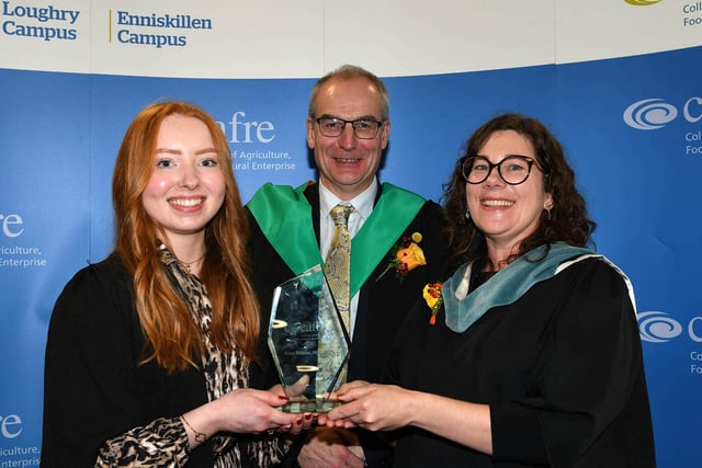 Aimee Copeland (Randalstown) received the Department of Agriculture, Environment and Rural Affairs Prize awarded to the top Level 3 Advanced Technical Extended Diploma in Horticulture student at the Greenmount Graduation Ceremony. Congratulating Aimee is Martin McKendry (CAFRE Director) and Lori Hartman (Senior Lecturer, CAFRE).