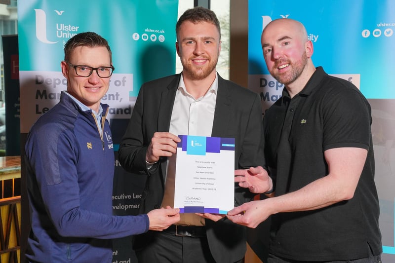 Carryduff’s Matthew Starrs received the Ulster University Sport Ambassador Award for highest mark on the course in MSc Sports Management. He is pictured with Michael and Emmet Donaghey, Sport Management course director.