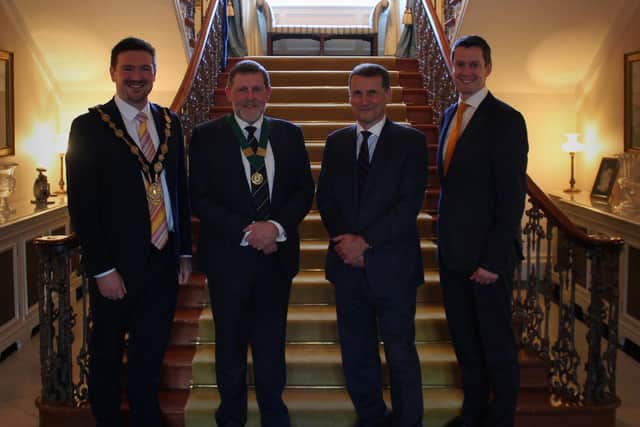 Pictured at the event to mark Lisburn man Prof Mike Mawhinney being appointed as Sheriff of Co Down are Scott Carson, Mayor Lisburn & Castlereagh City Council,  Professor Mike Mawhinney, James Smyth 2022 Sheriff and David Burns, Chief Executive, Lisburn & Castlereagh City Council.