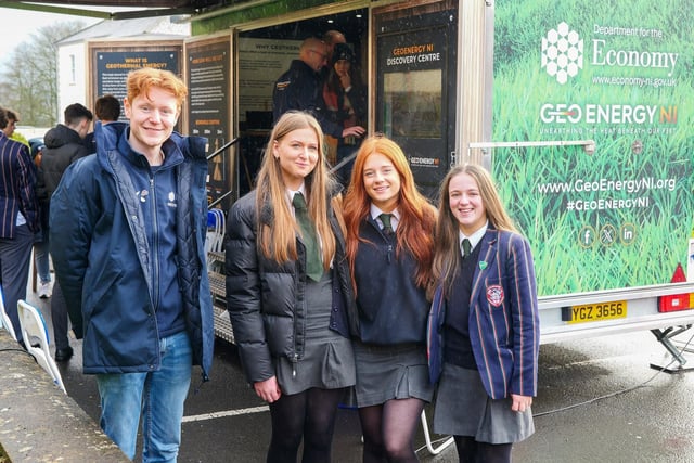 Michael MacKenzie from the GeoEnergy NI project team is joined by Coleraine Grammar School Year 14 students, Evie Scott, Caoimhe McFadden and Casey Bate. Credit Morrow Communications
