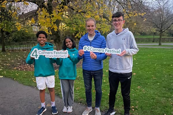 Young people Joshua Curtis with Siblings Abdelmonieum and Maryam Salman with Ed Petersen of Clonard Monastery and 4 Corners Festival.