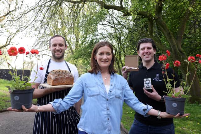 ictured at the launch of the June market are, (l-r) ; Tori McCaughey, Tori’s Coffee, Bakes & Cakes; Gavin McShane, Little Popcorn Shop and Averil Milligan, Wild about soaps.