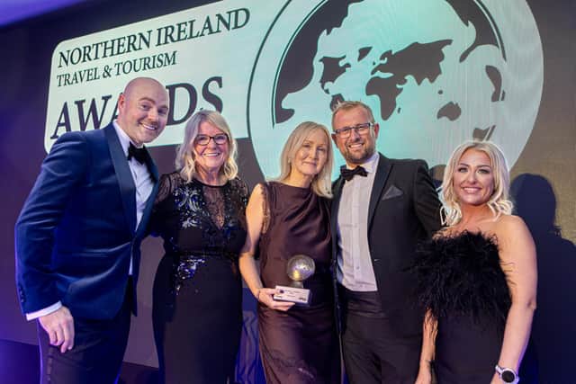 Stena Line’s Travel Commercial Manager Orla Noonan (centre) picks up the award for Best Ferry Company at the 2026 NI Travel & Tourism Awards. Picture: released by Stena Line.