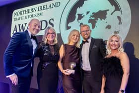 Stena Line’s Travel Commercial Manager Orla Noonan (centre) picks up the award for Best Ferry Company at the 2026 NI Travel & Tourism Awards. Picture: released by Stena Line.