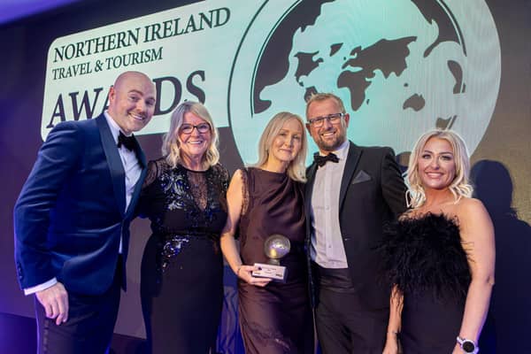 Stena Line’s Travel Commercial Manager Orla Noonan (centre) picks up the award for Best Ferry Company at the 2026 NI Travel & Tourism Awards. Picture: released by Stena Line.