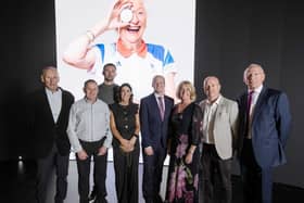 Mike Bull, Phillip McCallen, Gareth McAuley, Rosie Tennyson, Gordon Lyons MLA Amanda Jones, Peter Canavan and Nigel Carr attended the launch of Ulster Sports Legacy Pic credit: Brian Morrison