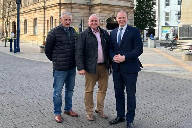 DUP MLA Maurice Bradley with Economy Minister, Gordon Lyons MLA and Jamie Hamill from the Coleraine BID team