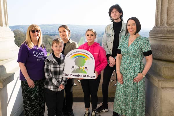 Rory Brown, Lara Ellerslie, Chloe Chapman and Athena Goodyear are pictured with Eleanor Ellerslie, of Cruse Bereavement Support NI, and Beverley Brown, of James Brown & Sons, at the launch of The Teenage Youth Bereavement Project: https://www.jamesbrownfuneraldirectors.com/cruse-bereavement/