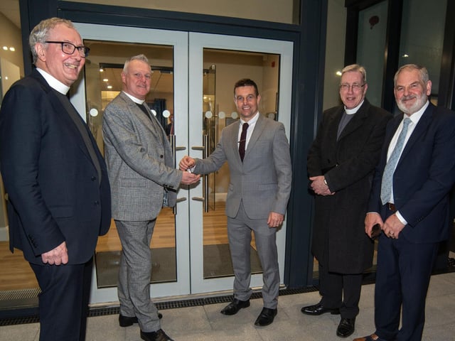 Pictured at the key handover at the Whitefield College of the Bible are from left, Rev Alan Smylie, Dr Ian Brown, Moderator, Lester Weir, Weir Bros. Construction, builders, Rev Timothy Nelson, college principal and Gart Craig.